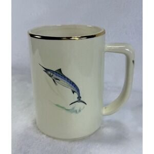 VTG Stanford Pottery Sebring Ohio Blue‎ Marlin Fish Coffee Mug 22k Gold Rim MCM